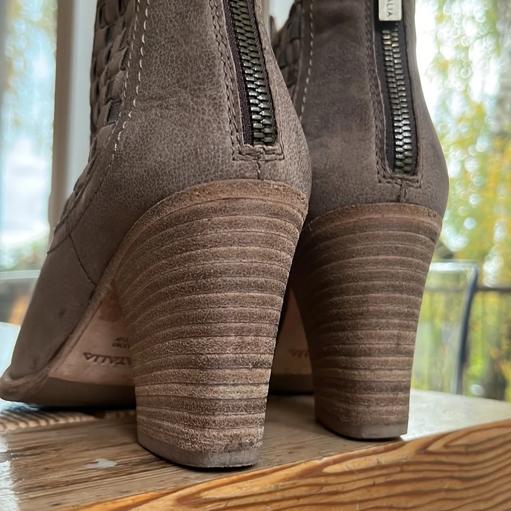 Aquatalia Basket-Weave Tan Leather Frannie Weatherproof Ankle Heeled Booties - Picture 11 of 15